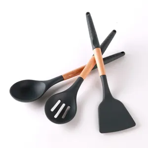 Silicone kitchen utensils set with wooden handle, heat resistant spatula and soup spoon tools