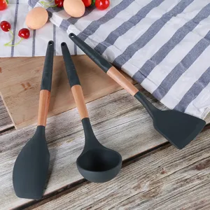 Wooden handle silicone kitchen utensil set, non-slip cooking spatula and soup ladle for daily home kitchen use.