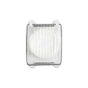 Plastic egg slicer with stainless steel wires for kitchen cooking tool, durable and easy to clean.