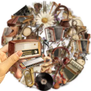 Vintage retro musical instrument transparent sticker detail showing radio and harmonica design.