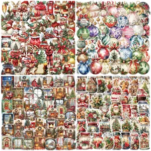 Kerst Stickers PET Transparant Waterdicht Decals Retro Kerstman Sneeuwman Ambacht DIY Planner Telefoon Koffer Beker Decor