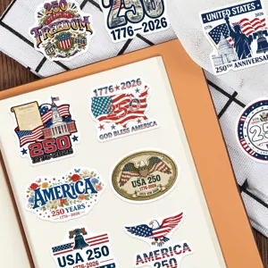 Detailed view of USA 250th anniversary waterproof stickers, perfect for DIY journaling and decor.