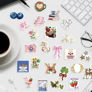 Esthetische roze sticker set details, schattige vintage illustraties voor laptop mok