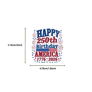 Detail view of American 250th anniversary sticker with size specs for laptop and phone decor.