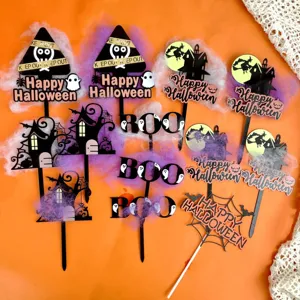 Halloween acrylic cake topper set, spooky party decoration with ghost and haunted house design.