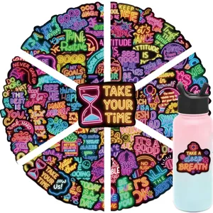 Detail view of colorful neon quote stickers showing motivational texts and water bottle application.