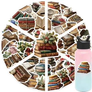 Vintage book and botanical stickers set, waterproof decorative decal for journal, phone and cup.