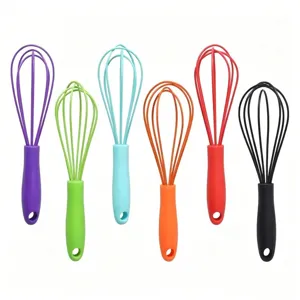 Mini silicone manual egg whisk set, kitchen baking tool with colorful plastic handles for cooking.