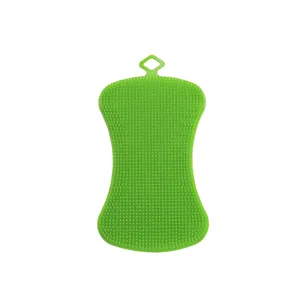 Spugna per piatti in silicone verde spazzola da cucina con foro di sospensione per pulizia.