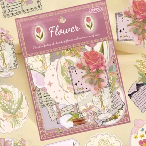 Detailed view of 50pcs gold foil floral PET stickers for DIY scrapbooking and phone cases.