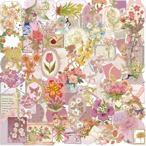 Vintage floral PET stickers set, waterproof gold-stamped scrapbooking decals for crafts.