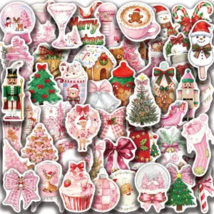 50 Pcs Autocollants Noël Rose Mignons Stickers DIY pour Journal Tasse Ordinateur
