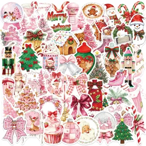 Lot de 50 autocollants de noël rose mignons étanches pour journal intime ordinateur et gourde