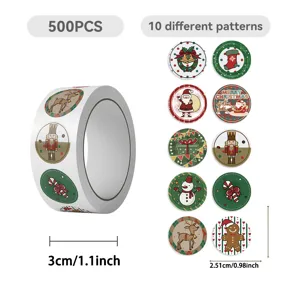 Christmas roll stickers 500 pcs with 10 festive patterns, ideal for holiday gift packaging.