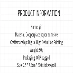 Carte de specification detaillee montrant les dimensions, le materiau et le poids des adesifs.