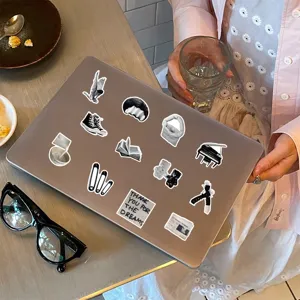 Black and white aesthetic sticker set, laptop decoration detail showing various art designs.