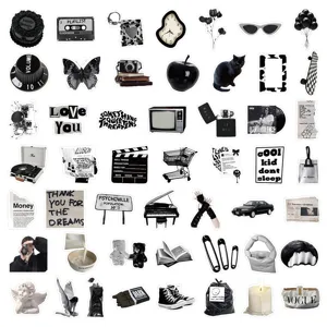 50pcs black and white aesthetic stickers pack for DIY laptop journal scrapbooking.