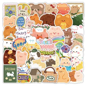 52pcs Korean cute bear cartoon oil painting style waterproof stickers for notebook luggage decor