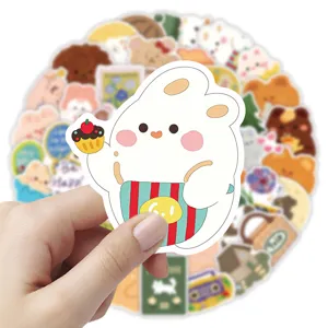 Close-up detail of cute Korean style cartoon bear and rabbit stickers, lovely oil painting art.