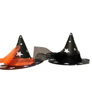 Halloween mini witch hat cake topper set black orange mesh decoration for party