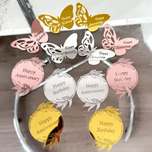 Acrylic gold silver mirror butterfly cake toppers set for happy birthday party decor