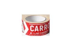 Close-up detail of the red decorative warning tape with bold white letters and cute rabbit print.