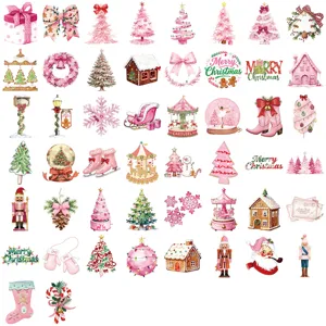 50 Stuks Roze Kerst Stickers Set Schattige Feestdag Decals voor Telefoonhoesje en Laptop