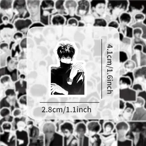 Detail view of black and white anime manga character sticker with size dimensions shown clearly.