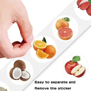 Cartoon fruit stickers roll featuring various cute designs, easy to peel and apply neatly.