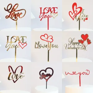 Valentine Day Acrylic Cake Topper Love Heart Romantic Party Dessert Decoration Gold Red Mirror Cake Insert