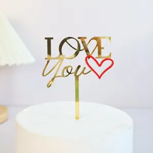 Gold acrylic LOVE You cake topper detail, elegant dessert decoration for Valentine day parties.