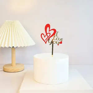 Acrylic Valentine cake topper with double hearts and gold love text, ideal for romantic party.