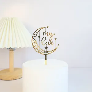 Gold acrylic moon star cake topper with my love text, perfect for Valentine party decor.