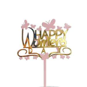 Ακρυλικό topper τούρτας Happy Womens Day ροζ χρυσό διακοσμητικό για την γιορτή των γυναικών