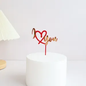 Red gold acrylic I love you cake topper for Valentine day party cake decoration supplies
