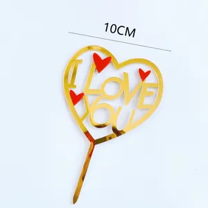 Gold acrylic heart cake topper with I love you text and red hearts, 10cm festival decor