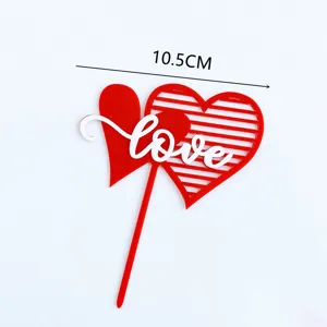 Red acrylic love heart cake topper for Valentine Day party decoration 10.5cm detail view