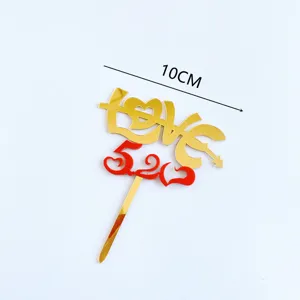 Gold and red acrylic love 5.20 cake topper detail shot, 10cm romantic party decoration.