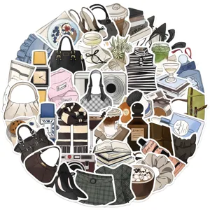 Detalle de pack de pegatinas de moda con ilustraciones de estilo de vida para decorar.