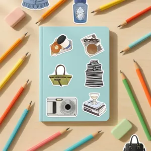 Vista detallada de pegatinas estéticas de moda con bonitas ilustraciones para decoración DIY.