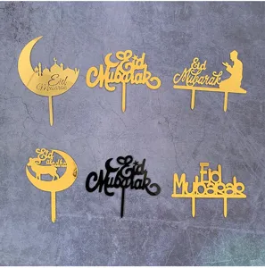 Σετ διακοσμητικά τούρτας Eid Mubarak ακρυλικά χρυσά μαύρα για πάρτι και γλυκά 6 τεμ