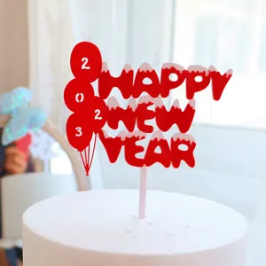 Acrílico Feliz Año Nuevo cake topper 2023 rojo fiesta pastel decoración inserción