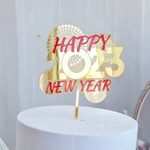 Adorno de tarta acrílico dorado Feliz Año Nuevo 2023 para fiestas y decoración de postres.