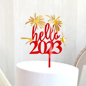 Decoración de pastel de Año Nuevo de acrílico con diseño hello 2023 y detalles para fiesta festiva.