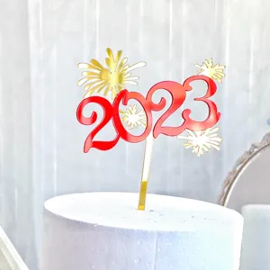 Acrilico 2023 ano nuevo adorno para pastel fuegos artificiales oro fiesta decoracion articulos