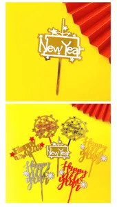 Acrílico Año Nuevo pastel topper Feliz Año Nuevo fiesta decoración oro plata rojo