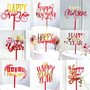 Happy New Year Adorno de Pastel de Acrílico Espejo Rojo Oro Estrella Fiesta Pastel Decoración Celebración de Año Nuevo