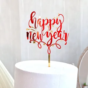 Adorno de tarta Happy New Year de acrílico rojo, decoración de postre de fiesta.