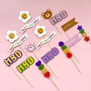 Minimalist birthday cake topper set with cute cartoon flower bear letters for party decor