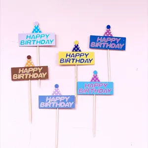 Wooden happy birthday cake toppers set, colorful party cupcake inserts for celebration.